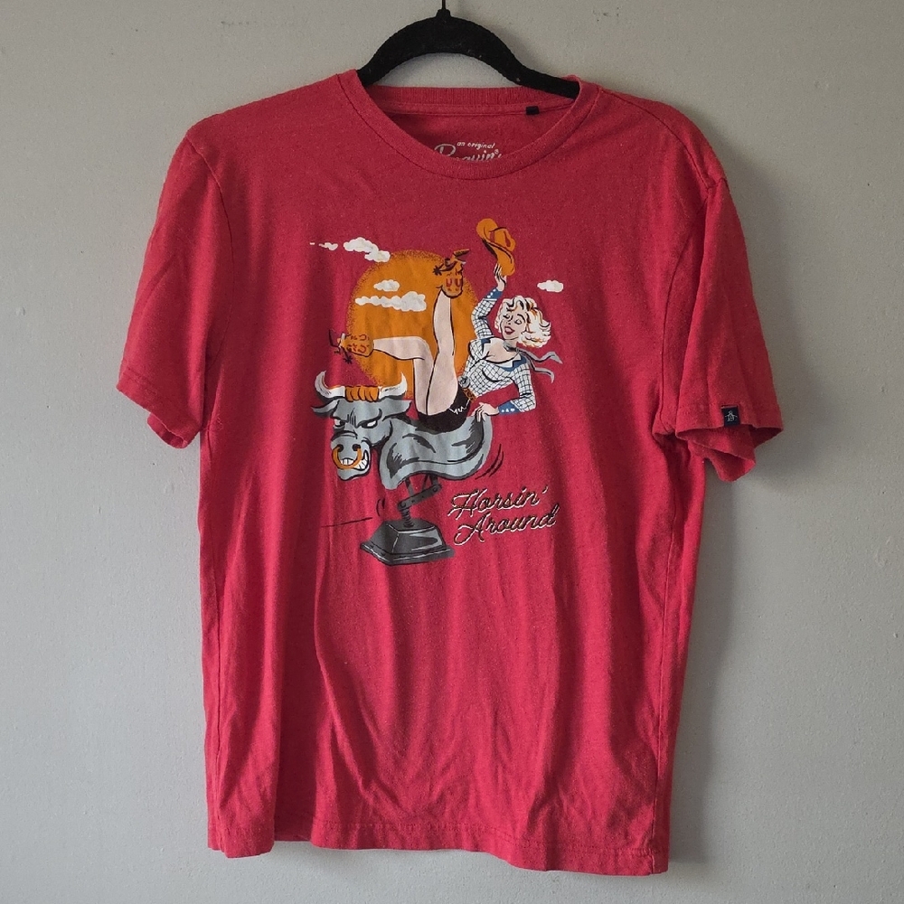 Original Penquin Made In EL Salvador Red Graphic T-Shirt "Just Horsin' Around" S